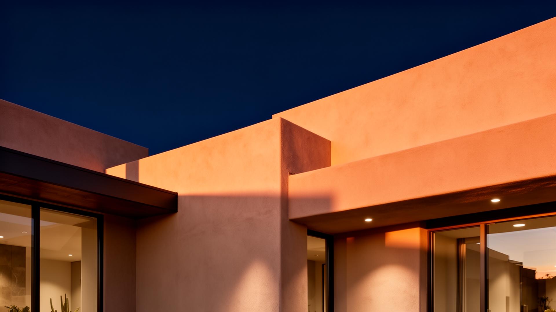 Modern Arizona architectural detail at golden hour — warm sand-colored walls against a deep navy desert sky