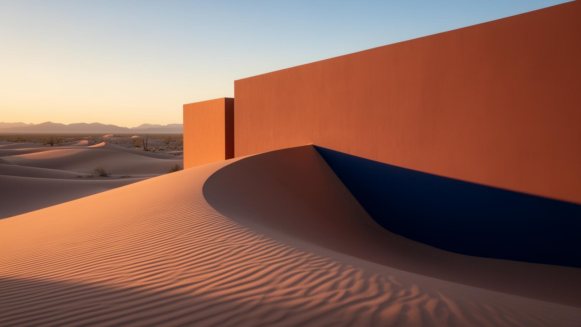 Modern Arizona desert at golden hour — clean architectural form meeting warm sand dunes